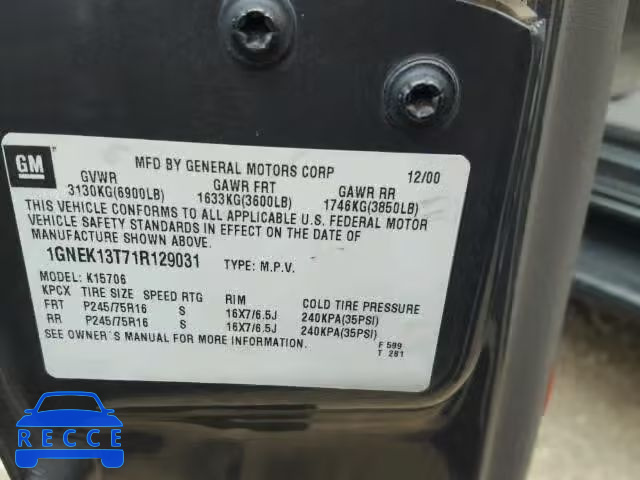 2001 CHEVROLET TAHOE 1GNEK13T71R129031 image 9