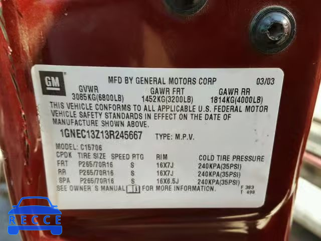 2003 CHEVROLET TAHOE 1GNEC13Z13R245667 image 9