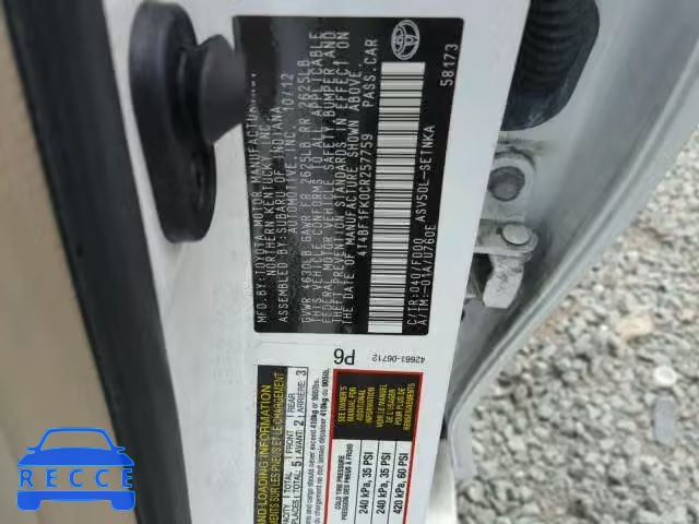 2012 TOYOTA CAMRY 4T4BF1FK0CR257759 image 9