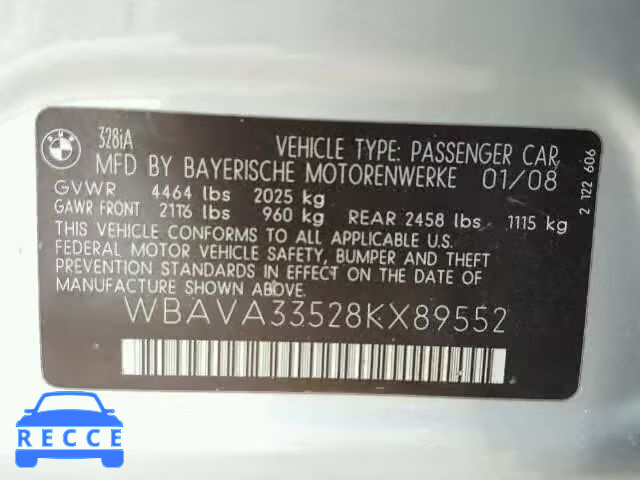 2008 BMW 328 WBAVA33528KX89552 Bild 9