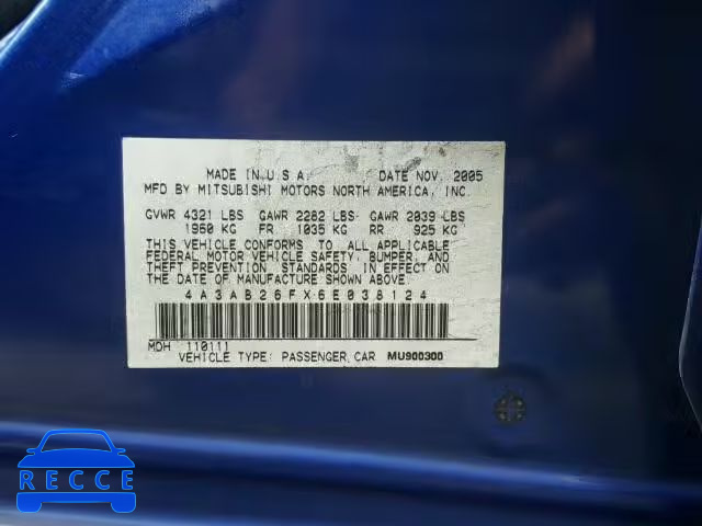 2006 MITSUBISHI GALANT 4A3AB26FX6E038124 зображення 9