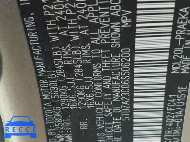 2006 TOYOTA SIENNA 5TDZA23C06S506200 зображення 9