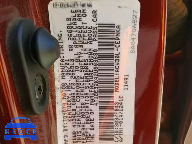 2002 TOYOTA CAMRY 4T1BE32K42U003680 image 9