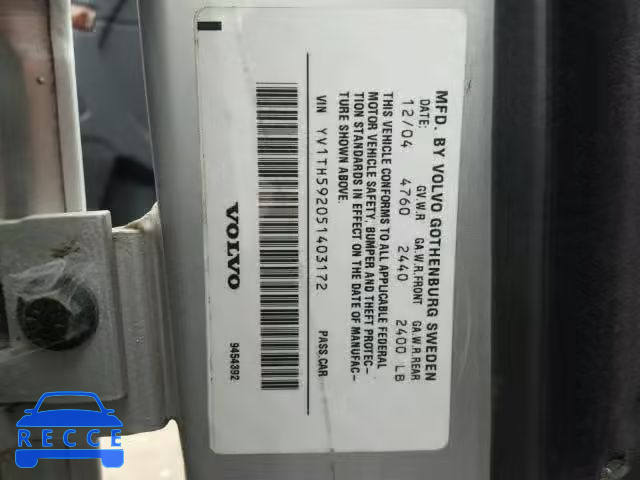 2005 VOLVO S80 YV1TH592051403172 зображення 9