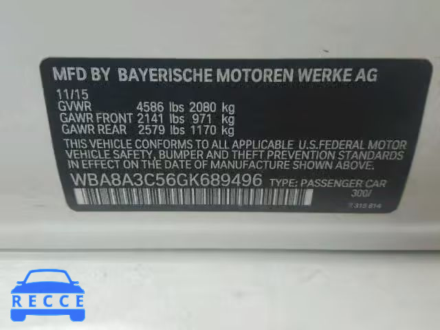 2016 BMW 320 WBA8A3C56GK689496 зображення 9