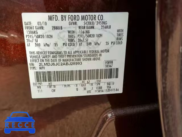 2010 LINCOLN MKX 2LMDJ6JC2ABJ28993 image 9