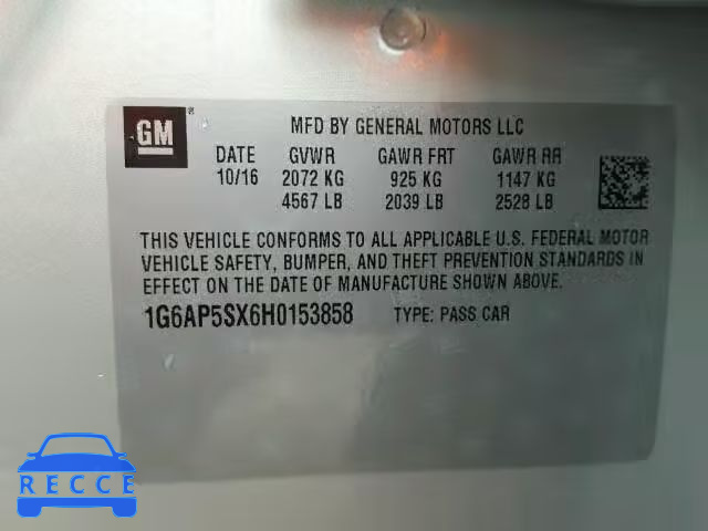 2017 CADILLAC CTS 1G6AP5SX6H0153858 зображення 9