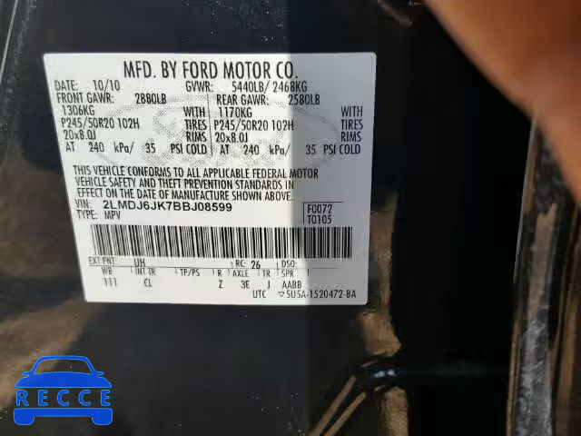 2011 LINCOLN MKX 2LMDJ6JK7BBJ08599 Bild 9