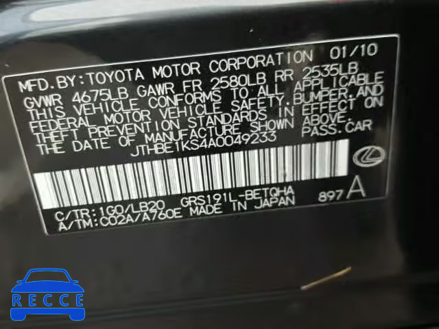 2010 LEXUS GS JTHBE1KS4A0049233 image 9