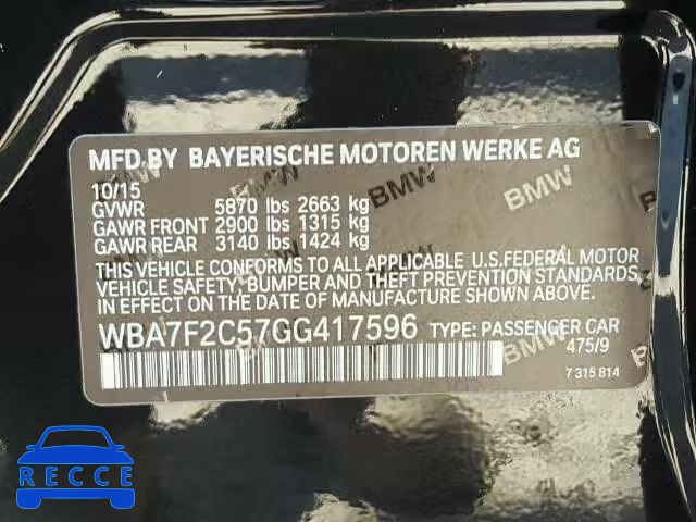 2016 BMW 750 WBA7F2C57GG417596 зображення 9