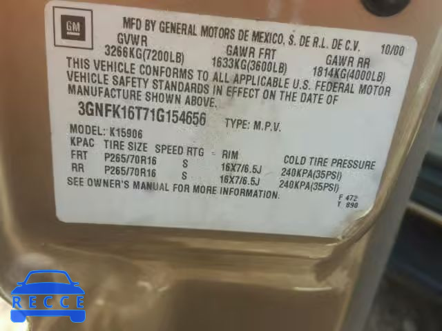2001 CHEVROLET SUBURBAN 3GNFK16T71G154656 image 9