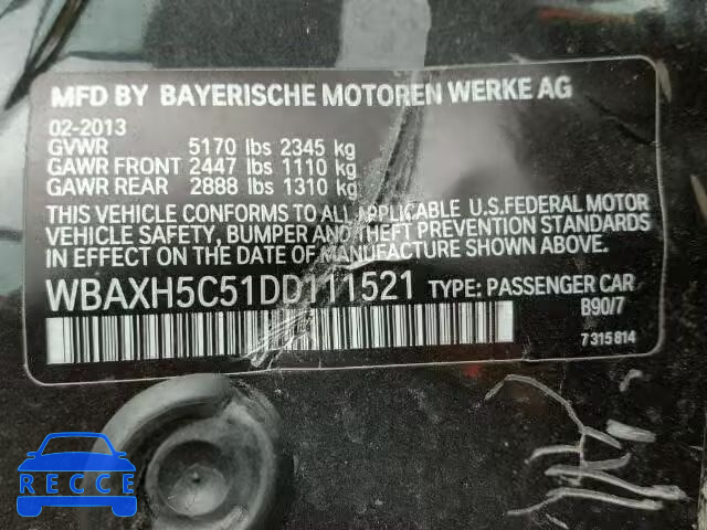 2013 BMW 528 WBAXH5C51DD111521 зображення 9
