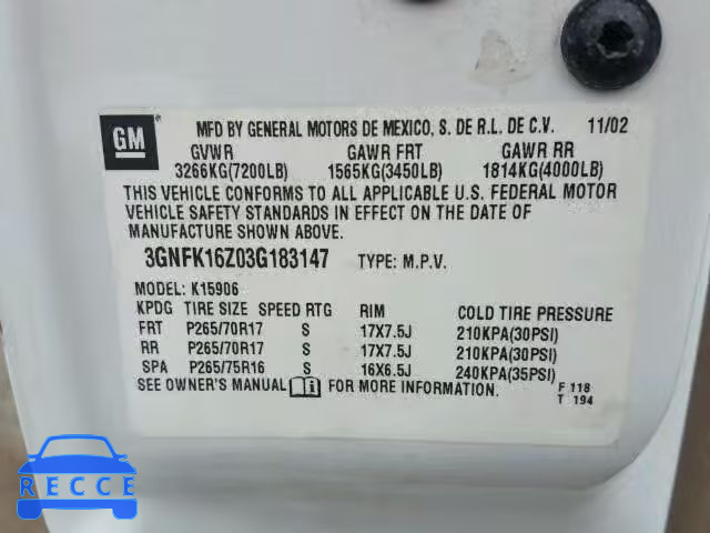 2003 CHEVROLET SUBURBAN 3GNFK16Z03G183147 image 9