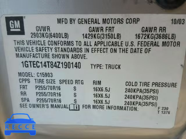 2004 GMC NEW SIERRA 1GTEC14T84Z190140 image 9