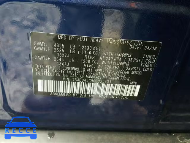 2016 SUBARU OUTBACK 4S4BSAJC9G3325431 image 9