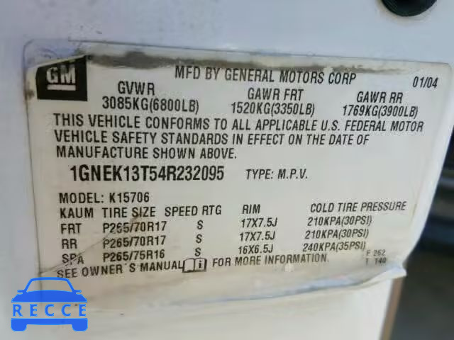 2004 CHEVROLET TAHOE 1GNEK13T54R232095 image 9