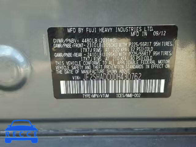 2013 SUBARU FORESTER JF2SHADC0DH430762 image 9