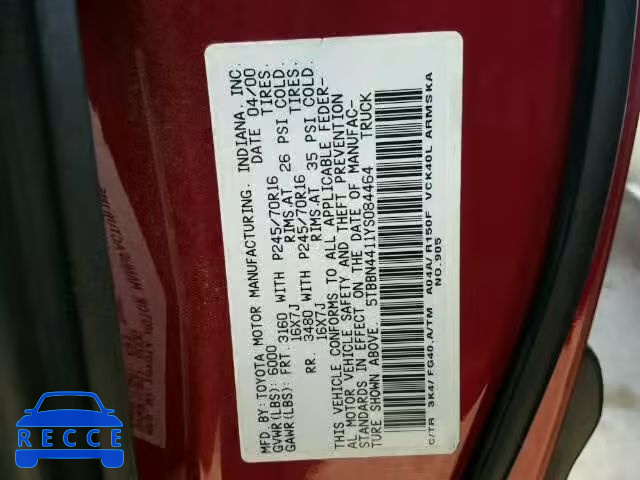 2000 TOYOTA TUNDRA 5TBBN4411YS084464 image 9