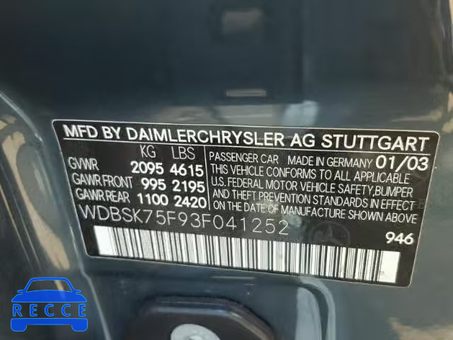 2003 MERCEDES-BENZ SL WDBSK75F93F041252 Bild 9