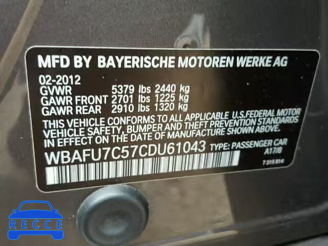 2012 BMW 535 WBAFU7C57CDU61043 зображення 9