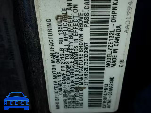 2003 TOYOTA COROLLA MA 2T1KR32E73C033967 image 9