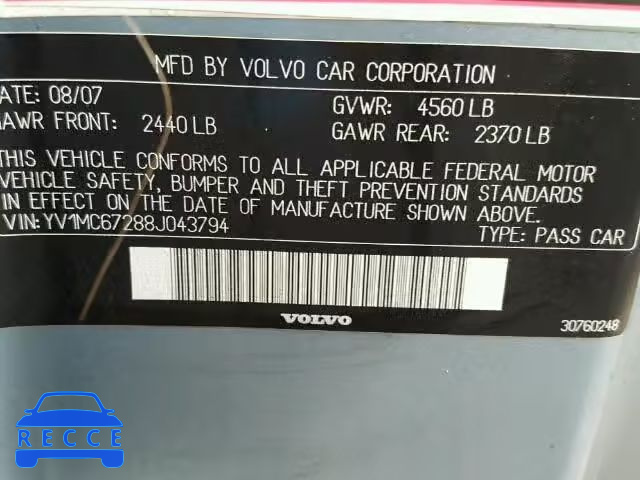 2008 VOLVO C70 YV1MC67288J043794 Bild 9