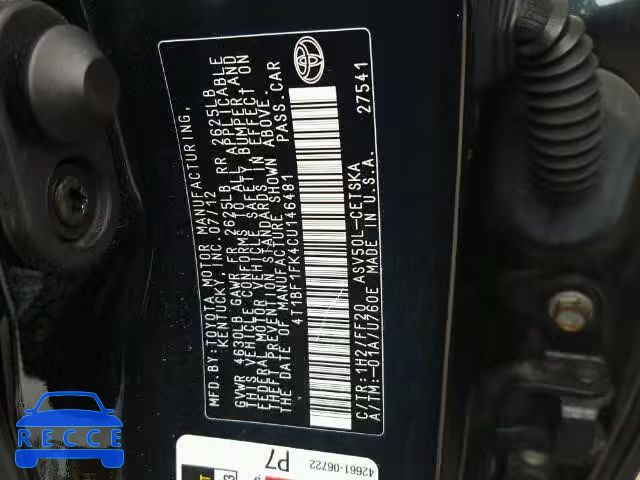 2012 TOYOTA CAMRY 4T1BF1FK4CU146481 image 9
