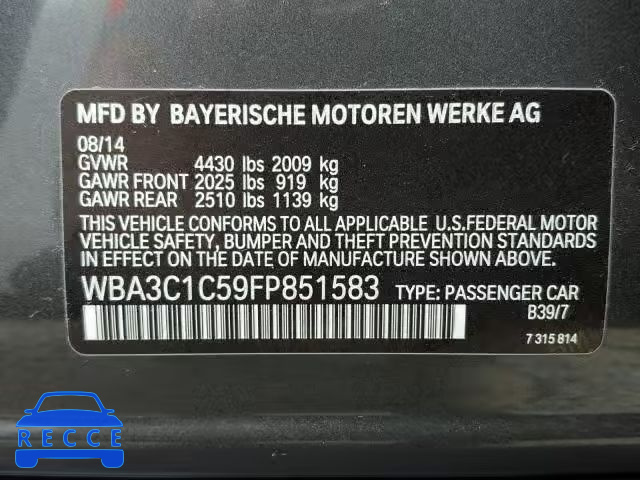2015 BMW 328 WBA3C1C59FP851583 зображення 9