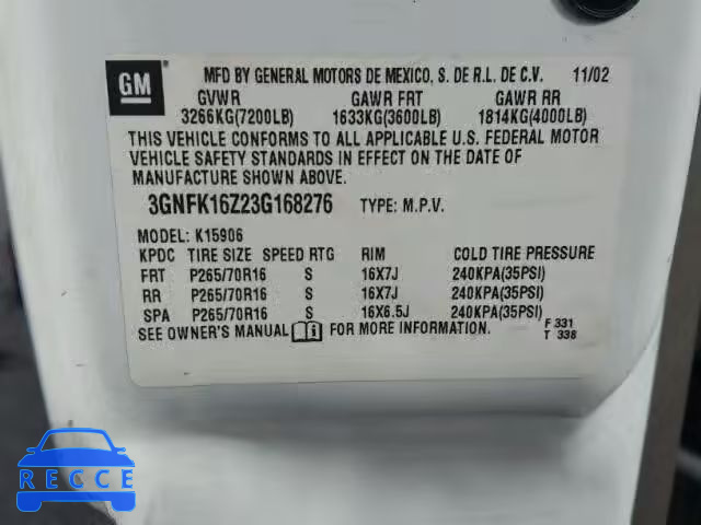 2003 CHEVROLET SUBURBAN 3GNFK16Z23G168276 image 9