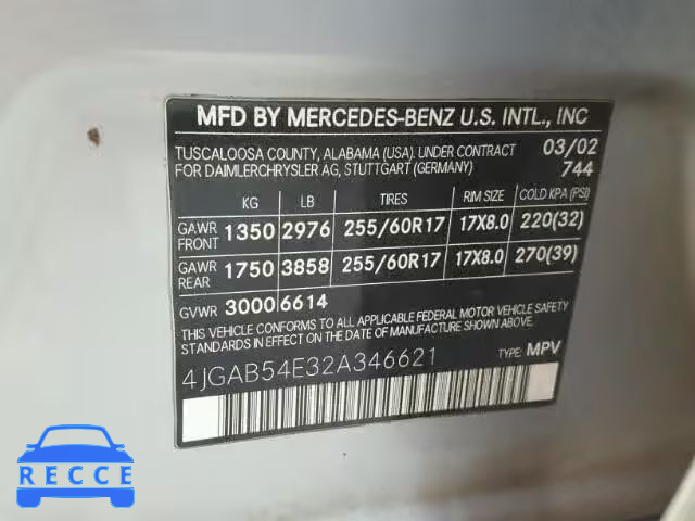 2002 MERCEDES-BENZ ML 4JGAB54E32A346621 зображення 9