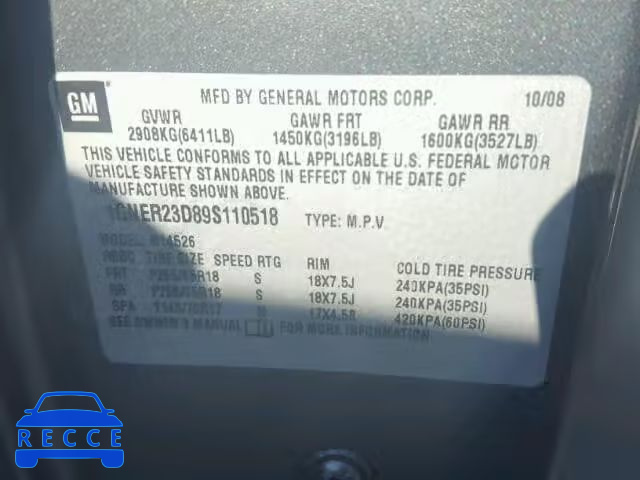 2009 CHEVROLET TRAVERSE 1GNER23D89S110518 image 9