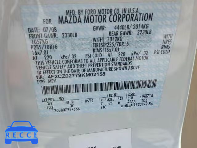 2009 MAZDA TRIBUTE 4F2CZ02779KM02158 зображення 9