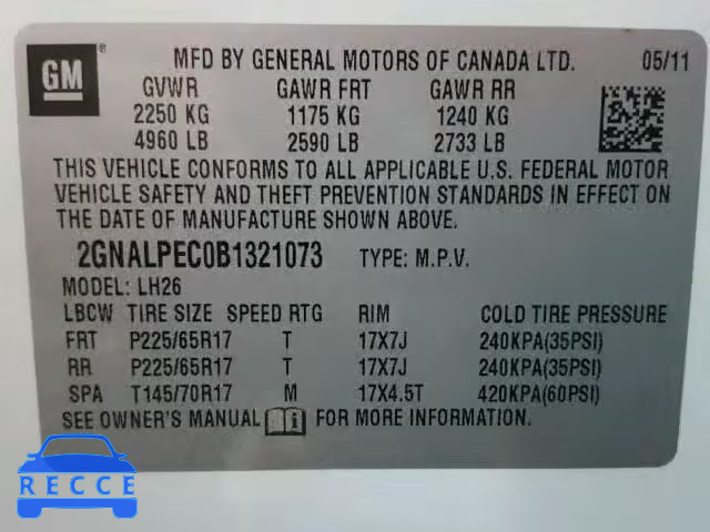 2011 CHEVROLET EQUINOX 2GNALPEC0B1321073 image 9