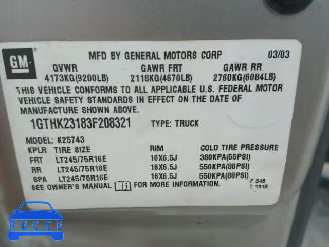 2003 GMC SIERRA 1GTHK23183F208321 image 9