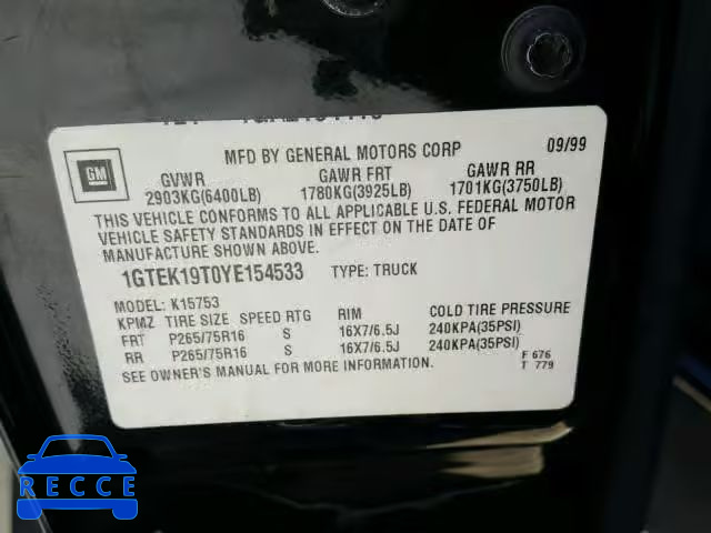 2000 GMC NEW SIERRA 1GTEK19T0YE154533 Bild 9