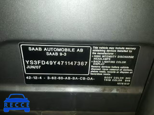 2007 SAAB 9-3 YS3FD49Y471147367 image 9