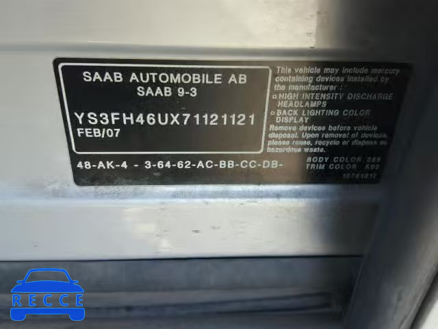 2007 SAAB 9-3 YS3FH46UX71121121 зображення 9