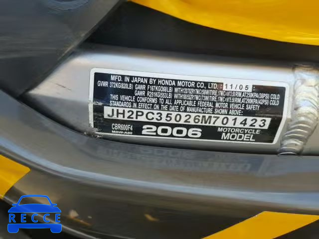 2006 HONDA CBR600 JH2PC35026M701423 image 9