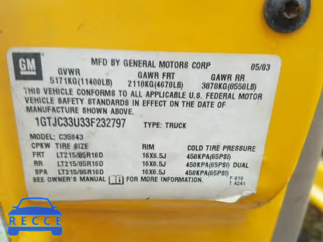 2003 GMC NEW SIERRA 1GTJC33U33F232797 image 9