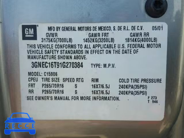 2001 CHEVROLET SUBURBAN 3GNEC16T91G270384 image 9