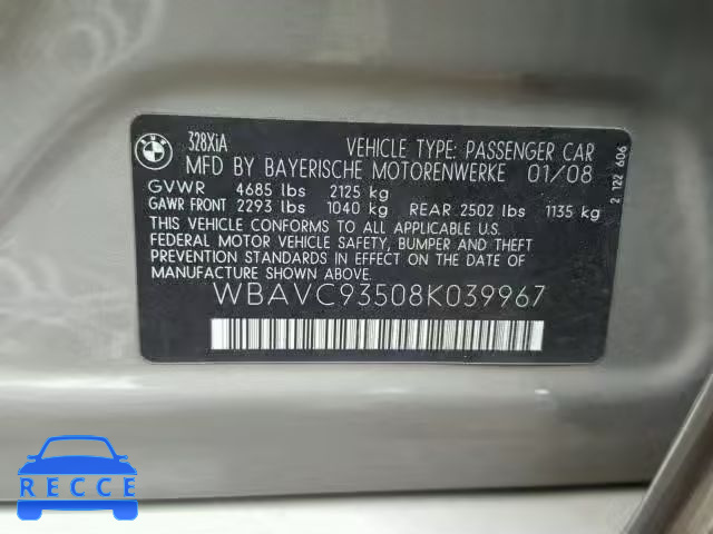 2008 BMW 328 WBAVC93508K039967 зображення 9