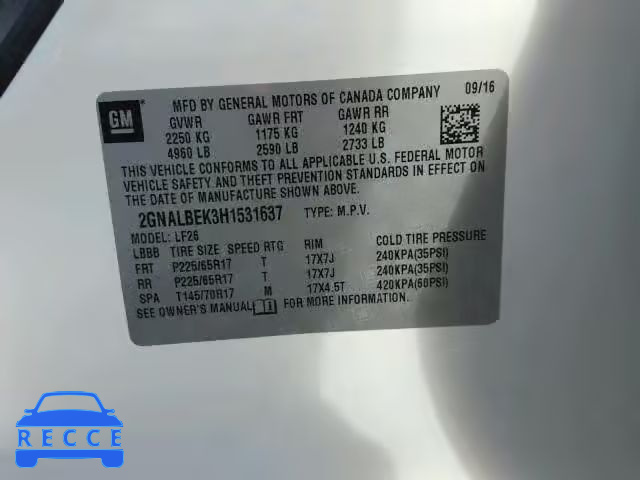 2017 CHEVROLET EQUINOX 2GNALBEK3H1531637 image 9