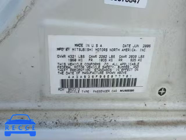 2006 MITSUBISHI GALANT 4A3AB36F06E077701 зображення 9