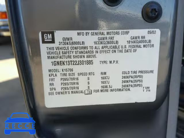 2002 CHEVROLET TAHOE 1GNEK13T22J301885 image 9