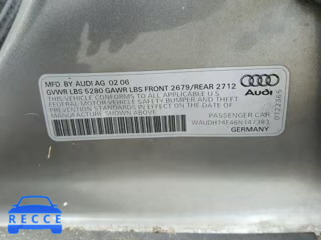 2006 AUDI A6 WAUDH74F46N147383 зображення 9