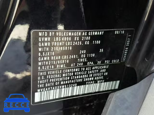 2017 VOLKSWAGEN TIGUAN WVGAV7AXXHW513240 image 9