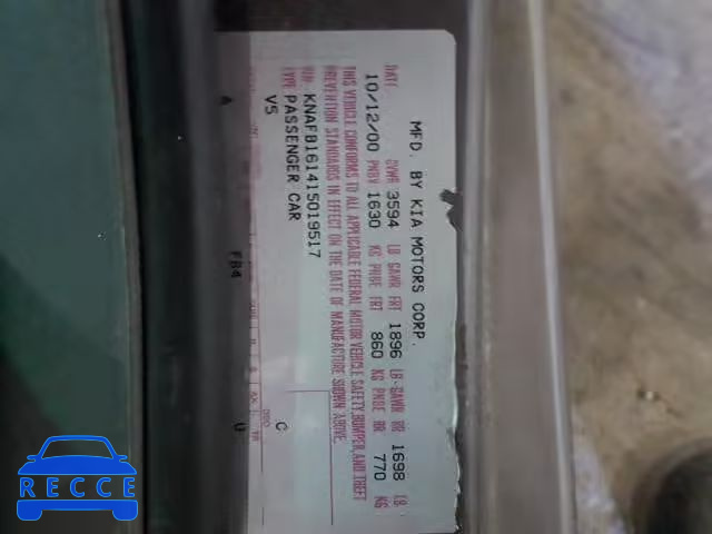2001 KIA SPECTRA KNAFB161415019517 image 9