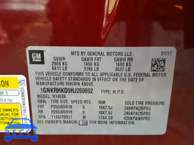 2017 CHEVROLET TRAVERSE 1GNKRHKD9HJ260892 Bild 9