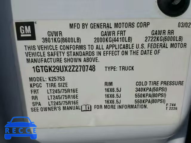 2002 GMC NEW SIERRA 1GTGK29UX2Z270748 image 9