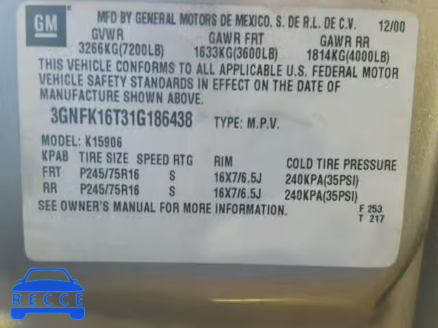 2001 CHEVROLET SUBURBAN 3GNFK16T31G186438 image 9